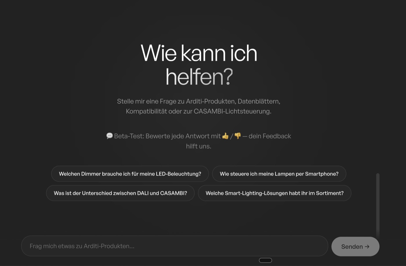 Support-KI der ARDITI GmbH mit konkreten Fragen zu CASAMBI-Produkten, Datenblättern und Kompatibilität