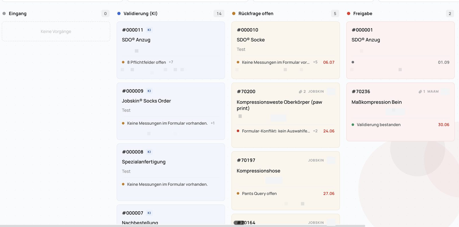 Prozess-Cockpit für einen Medizintechnik-Anbieter mit Bestelleingang, KI-Validierung, Rückfragen und Freigabe