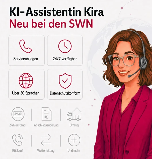 Ankündigungsgrafik der Stadtwerke Northeim: KI-Assistentin Kira, 24/7 verfügbar, über 30 Sprachen, datenschutzkonform